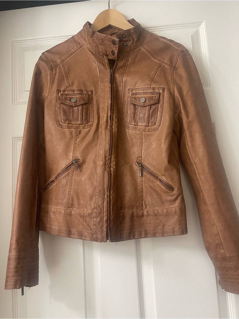 Max Jeans Women's Cognac Brown Leather Zip Jacket